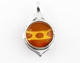 Baltic Amber Christmas Ornament Bauble Pendant in Sterling Silver, Vintage Amber Round Christmas Ornament Bauble Pendant in Sterling Silver
