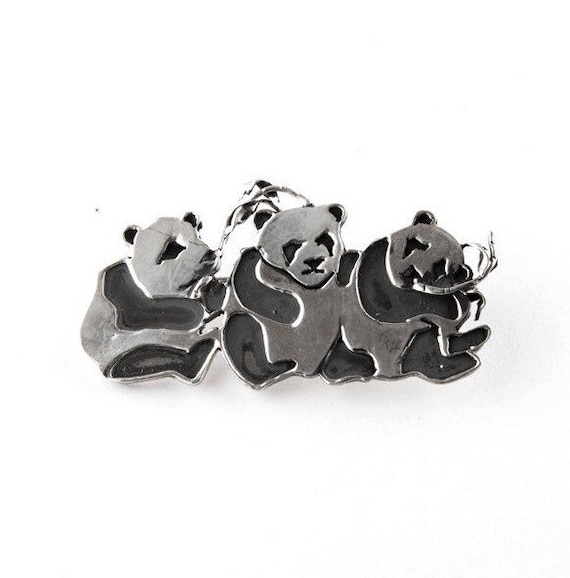 3 Little Pandas Sterling Silver Pin - image 1