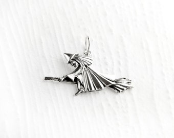 Flying Witch Sterling Silver Charm: Witch Silver Pendant, Witch on Broomstick