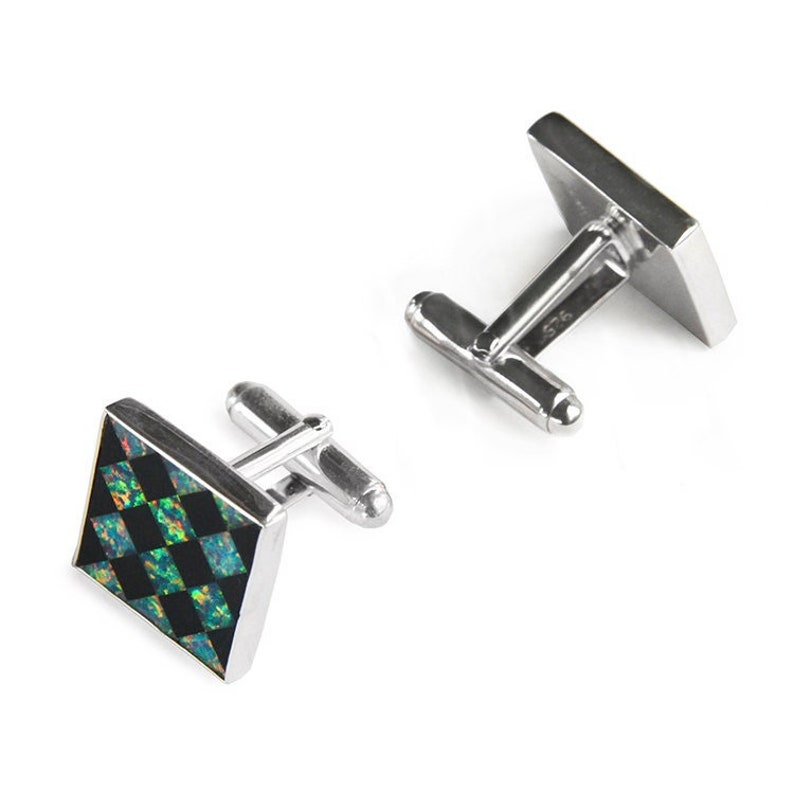Opal harlequin mosaic cufflinks in sterling silver. Square sterling silver cufflinks.