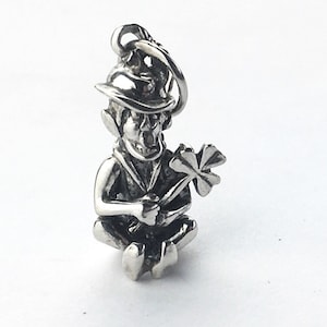 Lucky Leprechaun Sterling Silver Charm, Leprechaun Lucky Charm Pendant, Saint Patrick&#39;s Day, Luck of the Irish, Four Leaf Clover, 3D Charm