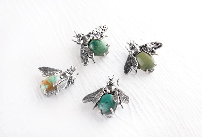 Don't Bug Me Turquoise Brooch, Sterling Silver Bee Brooch, Natural Turquoise Bee Pin, Bumblebee Sterling Silver Brooch, Gemstone Honeybee image 1