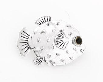 Puffer Fish Sterling Silver Pin with Eye Agate, Unique Blowfish Brooch, Large Blowfish Pufferfish Silver Brooch Pin, Fish Brooch