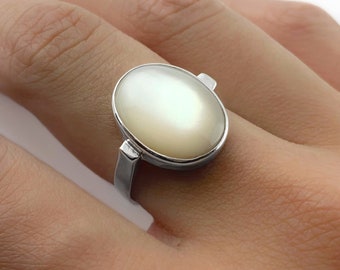 Handmade Sterling Silver Mother of Pearl Ring: Large Oval Stone
