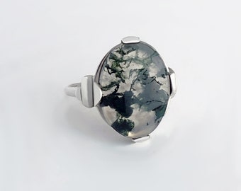 Green Moss Agate Ring in Sterling Silver, Natural Moss Agate Ring, Dendritic Agate Ring in Sterling Silver, Silver Ring, Large Stone Ring