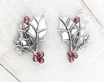 Holly Leaf and Berry Earrings in Sterling Silver and Garnet, Mistletoe Stud Earrings in Sterling Silver, Sterling Silver Holly Leaf Earrings