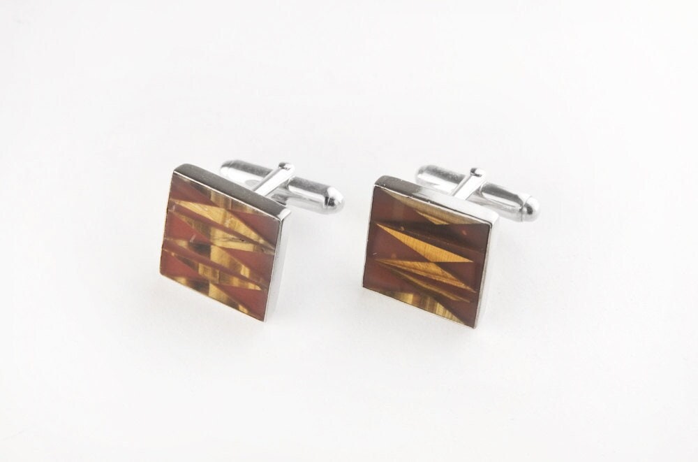 Abstract Carnelian and Tiger Eye Sterling Silver Cufflinks