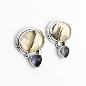 Vintage Mod Montana Agate and Iolite Stud Earrings in Sterling Silver, Art Deco Mod Montana Agate and Iolite Gemstone Stud Post Earrings image 4
