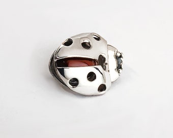 Little Ladybug Brooch, Sterling Silver Ladybug Brooch, Natural Carnelian Pin, Ladybug Sterling Silver Brooch, Small Beetle Pin