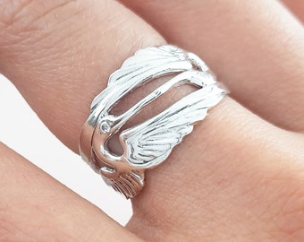 Diamond Double Heron Infinity Ring in Sterling Silver, Infinity Band, Art Nouveau Ring, Diamond Silver Ring, Crane Ring, Blue Heron Ring