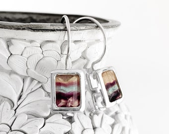 Sterling Silver Rainbow Fluorite Dangle Earrings: Striped Gemstone
