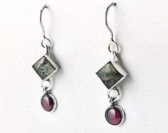 Willow Earrings in Moss agate and Garnet Small Sterling Silver Earrings