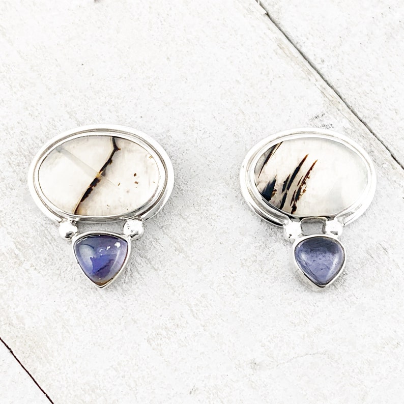 Vintage Mod Montana Agate and Iolite Stud Earrings in Sterling Silver, Art Deco Mod Montana Agate and Iolite Gemstone Stud Post Earrings image 1