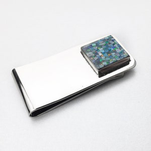 Blue Opal Money Clip in Sterling Silver, Silver Money Clip, Blue Fire Opal Money Clip, Mosaic Inaly Silver Money Clip, Wallet Accessories