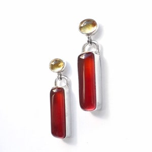 Art Deco Sterling Silver Carnelian Earrings with Citrine: Dangle Stud Earrings