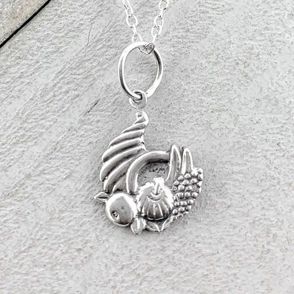 Thanksgiving Cornucopia Charm Pendant in Sterling Silver, Cornucopia Charm in Sterling Silver, Horn of Plenty Charm in Sterling Silver