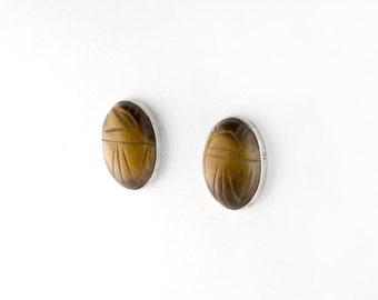 Tiger Eye Scarab Beetle Stud Earrings: Sterling Silver Egyptian Revival Talisman