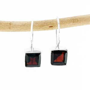 Square Faceted Garnet Earrings, Princess Cut Garnet Earrings, Garnet Drop Earrings, Sterling Silver Earrings, January Birthstone Earrings