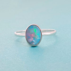 Large Australian Opal Ring in Sterling Silver, Simple Round Oval Opal Ring, Sterling Silver Opal Ring, Ethically Mined Opal, Custom Opal image 3