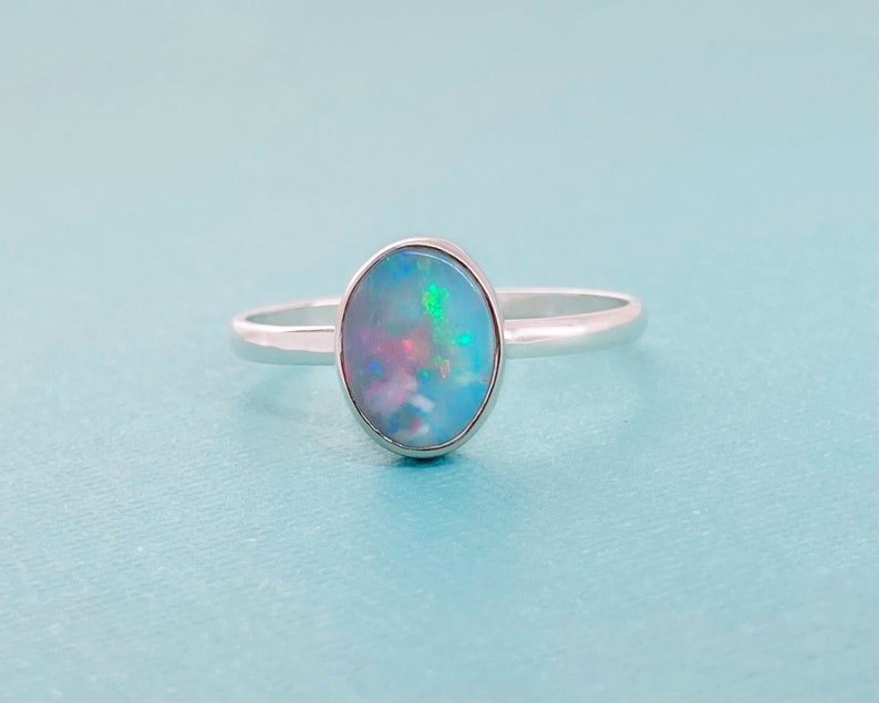 Large Australian Opal Ring in Sterling Silver, Simple Round Oval Opal Ring, Sterling Silver Opal Ring, Ethically Mined Opal, Custom Opal image 3