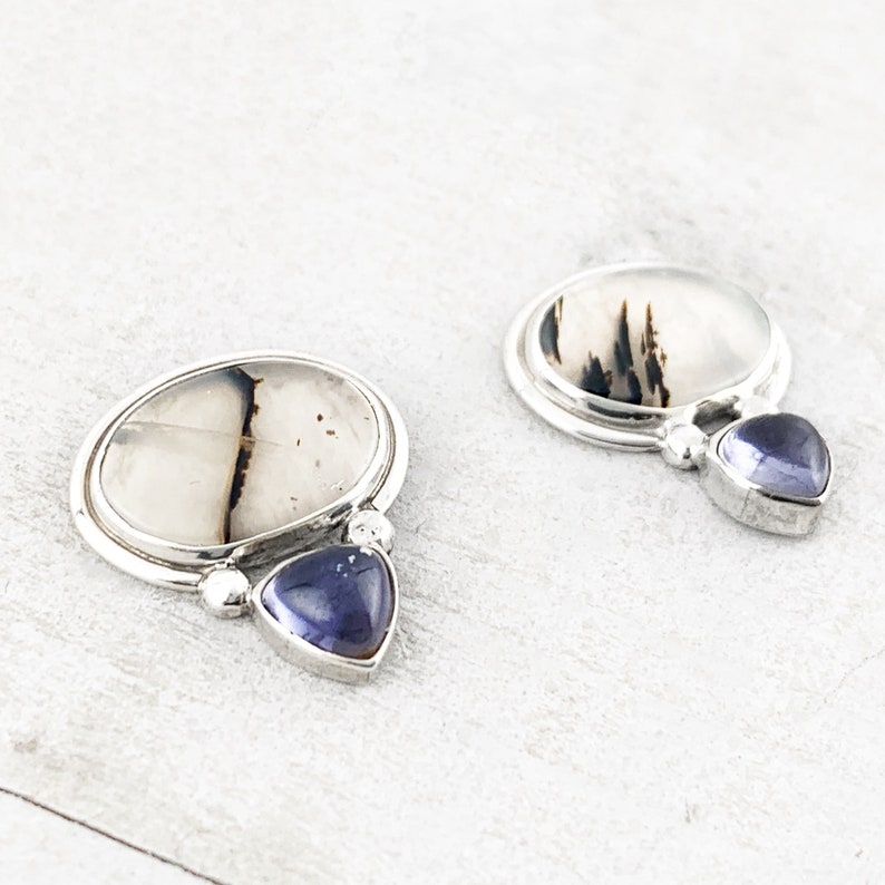 Vintage Mod Montana Agate and Iolite Stud Earrings in Sterling Silver, Art Deco Mod Montana Agate and Iolite Gemstone Stud Post Earrings image 2