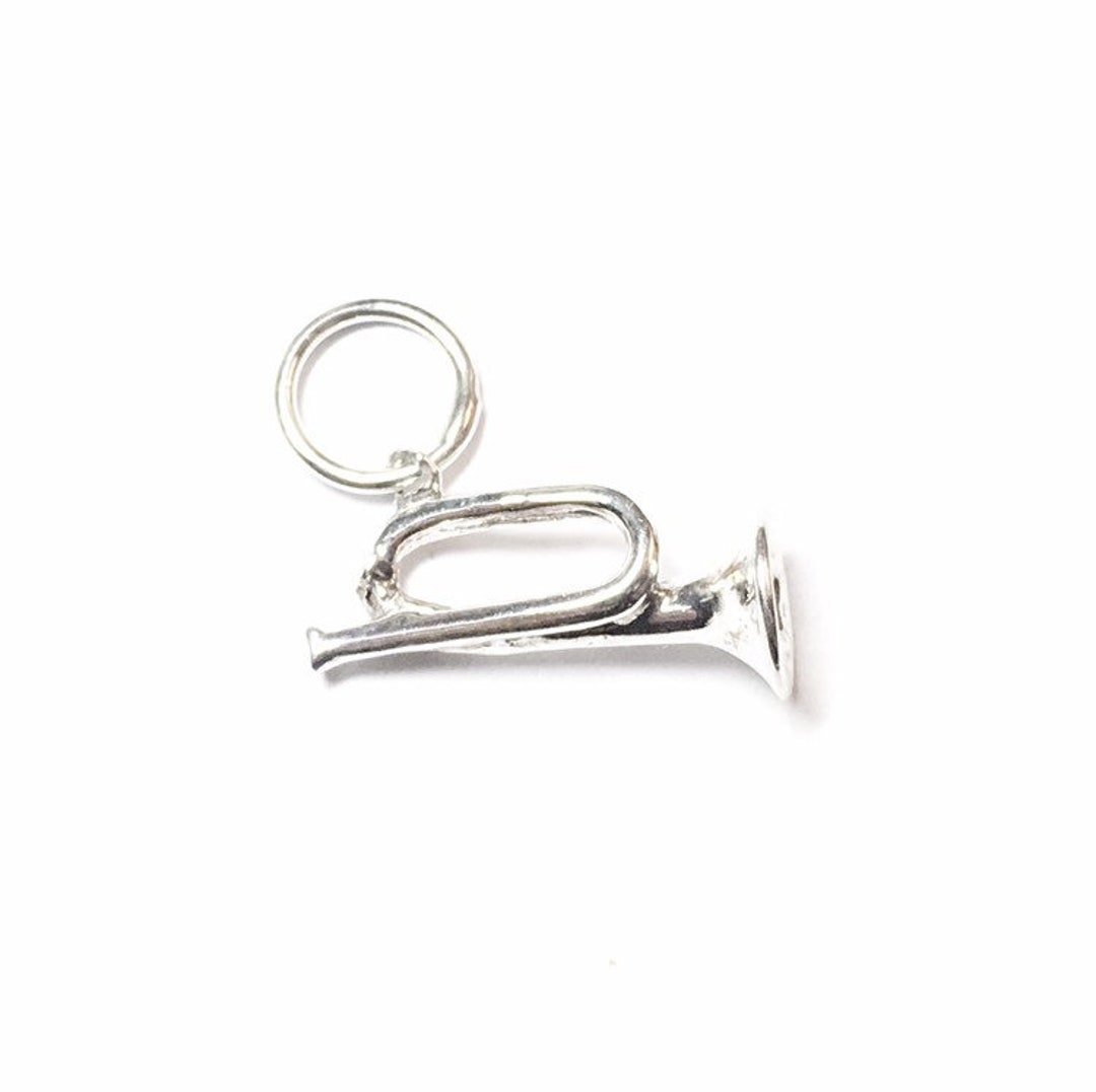 3D Bugle Horn Charm in Sterling Silver, Silver Horn Charm Pendant