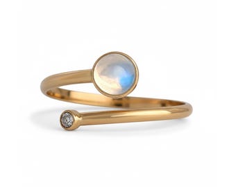 Diamond and Ceylon Blue Moonstone Ring, Diamond Wrap Ring, Antique Ceylon Moonstone, Adjustable Size Ring, Gold or Sterling Silver