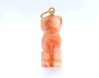 Angel Skin Coral 14k Gold Lucky Cat Charm: Manekineko Charm, Pink Momo Coral, Carved Cat Pendant, 14k Gold Charm, Antique Charm
