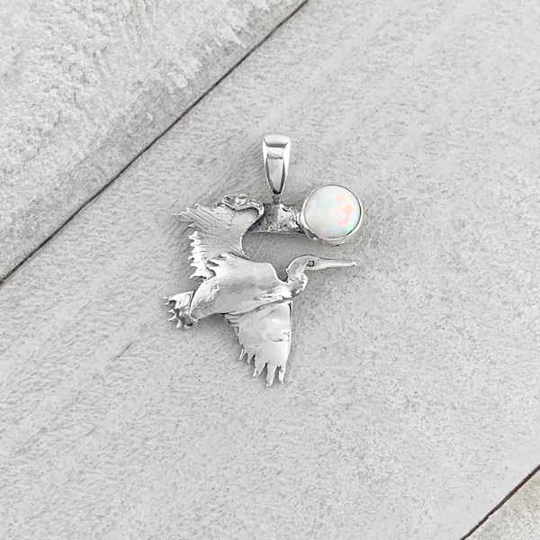 Heron with Opal Sterling Silver Pendant, Natural Opal, Heron Pendant, Heron NecklaceAnimal Jewelry, Flying Bird Jewelry, Crane Pendant