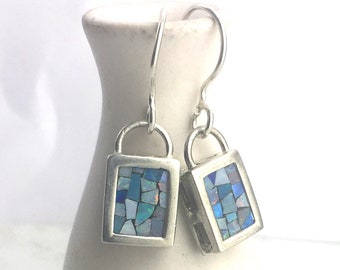 Opal Mosaic Lock Earrings in Sterling Silver, Opal Mosaic Earrings in Sterling Silver, Genuine Opal Earrings, Silver Opal Lock Earrings