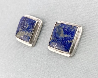 Square Lapis Lazuli Sterling Silver Post Earrings, Square Silver Stud Earrings