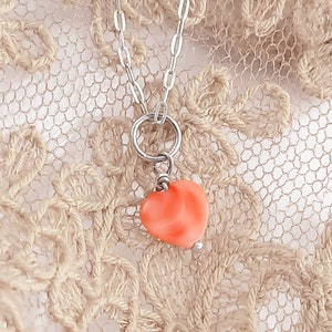 Angel Skin Coral Heart Charm in Sterling Silver or 14k Gold Filled, Puffy Heart Charm, Natural Coral Charm, Tiny Heart Pendant