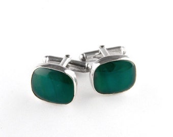 Forest Green Onyx Cufflinks in Sterling Silver, Soft Rectangle Cufflinks, Groom Cufflinks, Gemstone Cufflinks, Fathers Day Gift Cufflinks