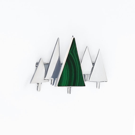 Sterling Silver Pine Forest Brooch: Natural Malachite Tree