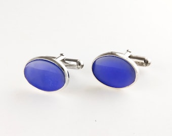 Blue Onyx Cufflinks in Sterling Silver, Blue Onyx Sterling Silver Oval Cufflinks, Sterling Silver Blue Cufflinks, Round Gemstone Cufflinks