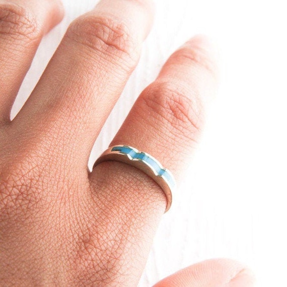 Simplistic Waves Turquoise Sterling Silver Stacki… - image 1