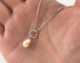 Simple Pearl Necklace in Sterling Silver, Pink Pearl Drop Necklace, Silver Minimalist Pearl Necklace, Single Pearl Necklace, Bridemade Gifts