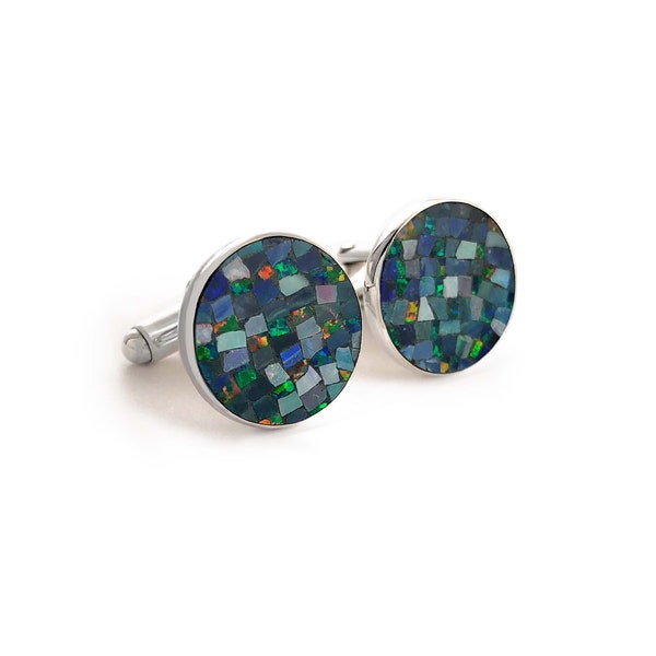 Australian Opal Cufflinks in Sterling Silver, Opal Mosaic Cufflinks in Sterling Silver, Blue Fire Opal Round Cufflinks, Black Opal Cufflink