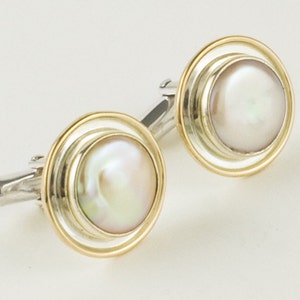 Sterling Silver and 14k Gold Pink Coin Pearl Cufflinks, 14k Solid Gold and Sterling Silver Coin Pearl Cuff Links, 14k Gold Pearl Cuff Links