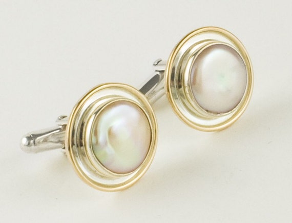 Handmade 14k Gold & Sterling Silver Pink Pearl Cufflinks