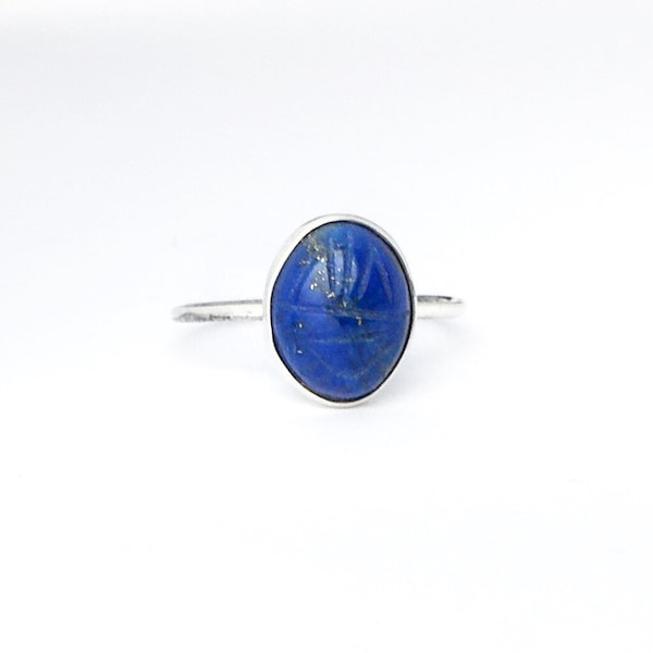 Lapis Scarab Ring in Sterling Silver, Carved Lapis Lazuli Egyptian Scarab Ring in Sterling Silver, Egyptian Revival Ring in Sterling Silver