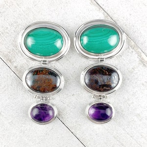 Sterling Silver Malachite, Boulder Opal & Amethyst Earrings, One of a Kind