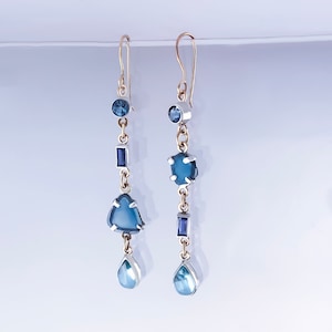 Indicolite Tourmaline Dangle Earrings: Raw Crystal, Sterling Silver & Gold, One of a Kind