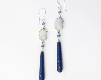 Lapis Lazuli and Rainbow Moonstone Long Drop Earrings in Sterling Silver