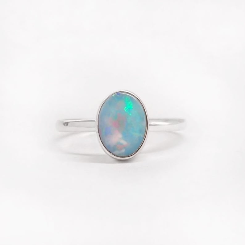 Large Australian Opal Ring in Sterling Silver, Simple Round Oval Opal Ring, Sterling Silver Opal Ring, Ethically Mined Opal, Custom Opal image 9