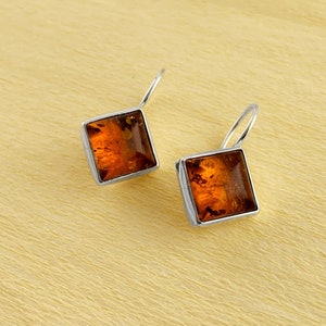 Sterling Silver Baltic Amber Earrings, Cognac Amber Earrings in Sterling Silver, Square Diamond Shaped Amber Earrings, Baltic Amber Earrings