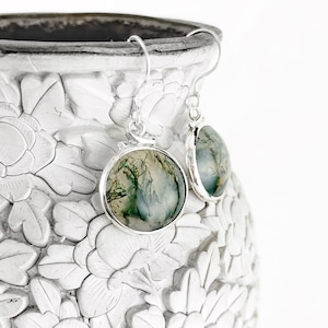 Large Round Green Moss Agate Earrings in Sterling Silver, Green Gemstone Earrings, Moss Agate Silver Earrings, American Moss Agate