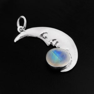 Crescent Moon Face Necklace with Moonstone and Sterling, Glowing Moon Pendant or Necklace, High Quality Rainbow Moonstone Necklace / Pendant image 3