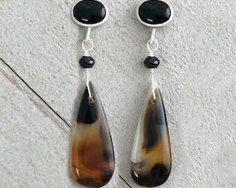 Montana Agate Earrings, One of a Kind, Montana Moss Agate and Black Onyx Stud Earrings, Sterling Silver Dangle Earrings, Agate Earrings