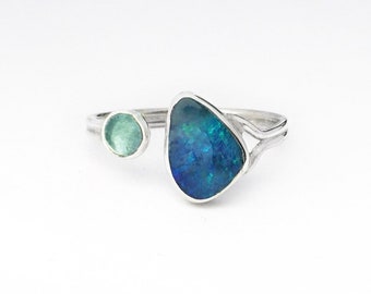 Verstelbare blauwe opaal en apatiet sterling zilveren ring, oktober Birthstone opaal zilveren ring, verstelbare natuurlijke opaal edelsteen zilveren ring